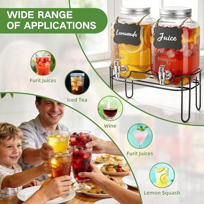 1 Gallon Glass Drink Dispensers For Parties, 2 Pack Beverage Dispenser，Lemonade Dispenser With Fruit Infuser And Stand For BBQ, Picnic, Party,Sun Tea