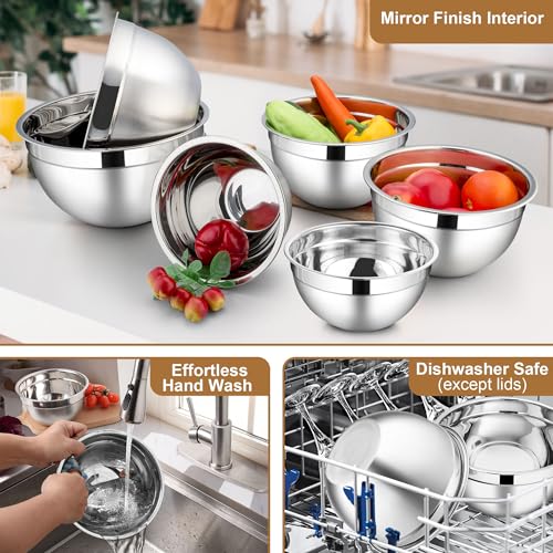 LIANYU 6 PCS Mixing Bowls with Lid Set, Size 7 & 3.5 & 2.5 & 2 & 1.5 & 1QT - color: Khaki, style: Atlas Base with Airtight Lids
