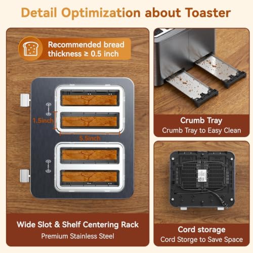 Mecity 4 Slice Touchscreen Toaster, 6 Bread Modes & 6 Browning Levels, Dual Touch Control Wide Slot Stainless Steel Electric Toaster with Memory, Defrost, 3-Min Auto Shutoff for White, Bagels, Waffles - color: 4 Slot-Brushed stainless steel gray
