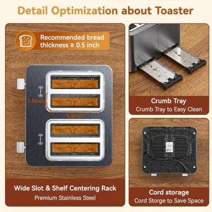 Mecity 4 Slice Touchscreen Toaster, 6 Bread Modes & 6 Browning Levels, Dual Touch Control Wide Slot Stainless Steel Electric Toaster with Memory, Defrost, 3-Min Auto Shutoff for White, Bagels, Waffles - color: 4 Slot-Brushed stainless steel gray