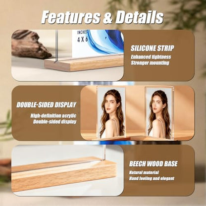 4×6 inch Acrylic Table Top Sign Holder with Beech Wood Base – Double-Sided Menu Display Stand, QR Code Frame, Small Table Sign for Restaurant & Wedding(6pack)