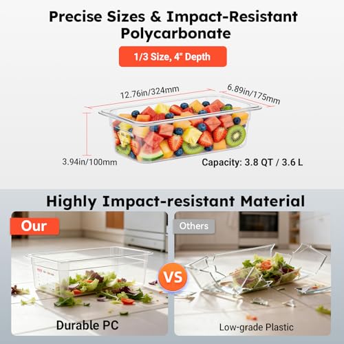 6-Pack 1/3 Size 4" Deep Polycarbonate Food Pans, NSF Commercial Clear Food Prep Pan, Hotel Pan for Salad Bar, Prep & Home Kitchen Use, Food-Grade with Erasable Markers - color: 1/3 Size, size: 4" Deep