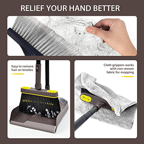 JEHONN Broom with Dustpan Combo Set, Long Handle Lightweight 180 Degree Rotating Sweeping Brush Indoor, Upright Standing Dust Pan with Comb Teeth for Home Room Kitchen Office Lobby (Brown Yellow) - color: Brown Yellow