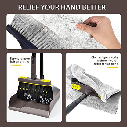 JEHONN Broom with Dustpan Combo Set, Long Handle Lightweight 180 Degree Rotating Sweeping Brush Indoor, Upright Standing Dust Pan with Comb Teeth for Home Room Kitchen Office Lobby (Brown Yellow) - color: Brown Yellow