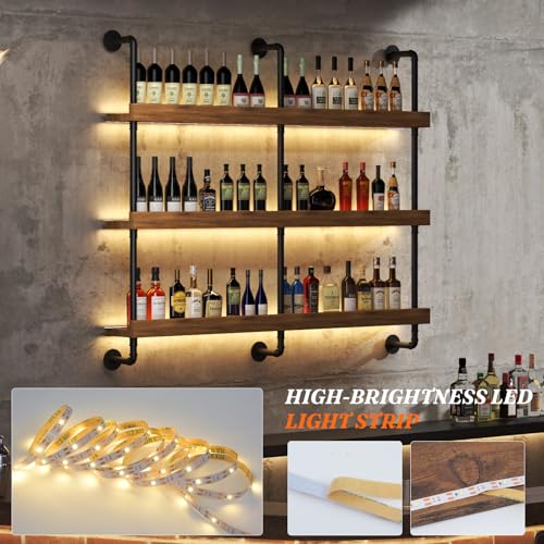 Large Wine Rack Wall Mounted with LED Light, Solid Wood Bar Shelves Wall Mounted, 3-Tiers Liquor Bottles Floating Shelves Display Storage Organizer for Home Bar, Dining Room (39.7 inch) - size: 39.7 inch