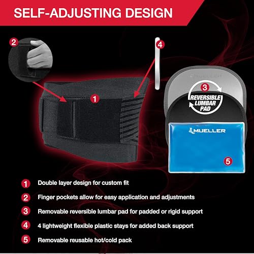 MUELLER Sports Medicine 4-in-1 Lumbar Back Brace with Hot/Cold Pack, Ideal for Upper and Lower Back Pain, Relief & Support for Men and Women, Strains, Sciatica, Scoliosis, Black, One Size