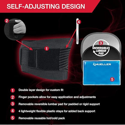 MUELLER Sports Medicine 4-in-1 Lumbar Back Brace with Hot/Cold Pack, Ideal for Upper and Lower Back Pain, Relief & Support for Men and Women, Strains, Sciatica, Scoliosis, Black, One Size