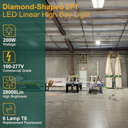 4Pack 2FT LED High Bay Shop Light, 𝟏𝟎𝟎-𝟐𝟕𝟕𝐕 【𝐃𝐫𝐢𝐯𝐞𝐫 𝐄𝐪𝐮𝐢𝐩𝐩𝐞𝐝, 𝟓 𝐘𝐞𝐚𝐫𝐬 𝐖𝐚𝐫𝐫𝐚𝐧𝐭𝐲 】 200W [Eqv.800W] 5000K Linear Hanging Light for Warehouse Diamond Diffusion, A-04-2FT-200-4P