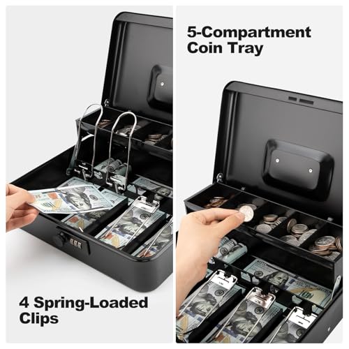 Cash Box with Combination Lock & Foam Auto-Pop Coin Tray – Secure Steel Money Box with 4 Upgraded Finger-Safe Bill Clips, Premium Smooth Scratch-Resistant Coating, 11.8", Combo Black - color: Combo Black
