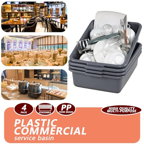 4-Pack Plastic Bus Bin, 15 L Restaurant Dish Tub, Gray