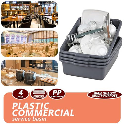 4-Pack Plastic Bus Bin, 15 L Restaurant Dish Tub, Gray