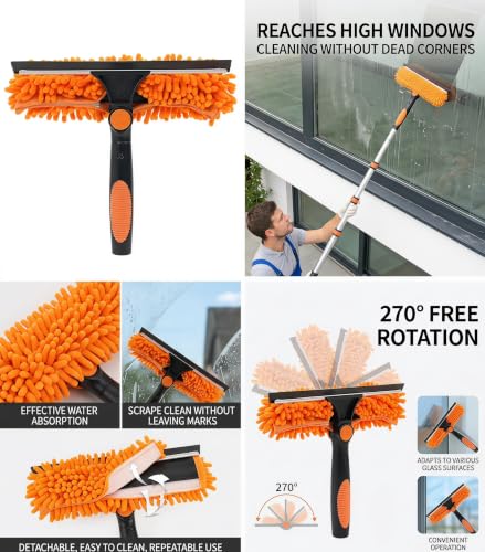 2-in-1 Window Cleaning Squeegee and Scrubber Kit, All-in-One Glass Cleaning Tool with Squeegee and Detachable Chenille Scrub Cloth Head, Streak-Free Window Washer for Home, Car, and High Windows