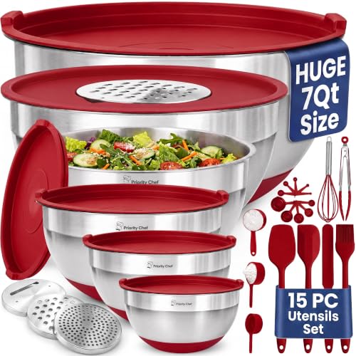Priority Chef 6Pc Stainless Steel Mixing Bowls with Lids Set, Huge 7 Qrt Size Metal Bowl Set for Kitchen, 3 Graters, Non-Slip Bases & Silicone Utensils Set, Red - color: Red