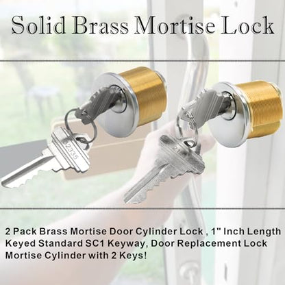 2PCS Brass Mortise Door Cylinder Locks with 2 Different SC1 Keyway Keys - size: 1 inch Door Cylinder Locks