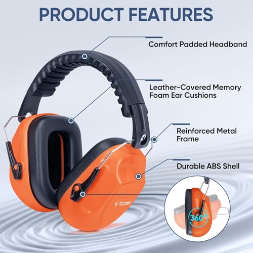 TICONN Noise Cancelling Ear Muffs for Adults, SNR 33dB Hearing Protection, Adjustable Safety Earmuffs for Construction - color: Bright Orange