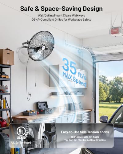 iLiving 20 Inch Wall Mount Fan, 4750 CFM High Velocity Metal Fan with 3 Speeds, Sealed Motor & 360° Tilt, Heavy Duty Wall/Ceiling Mount Fan for Garage, Warehouse, Barn, Greenhouse, Workshop - size: 20 Inches