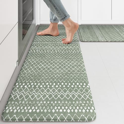 KIMODE Kitchen Mats for Floor Anti Fatigue Green Boho Kitchen Rugs Sets - color: Green Diamond, size: 17.3" x 47 "+ 17.3" x 29 "--0.47 inches
