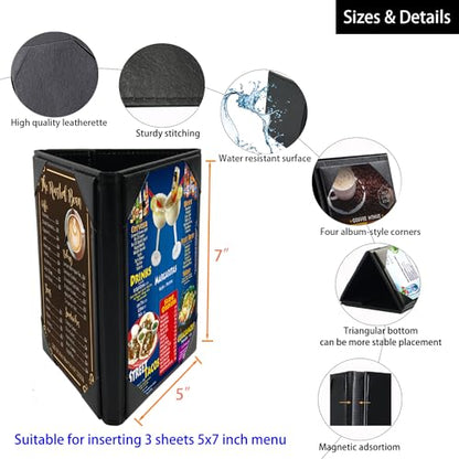 5x7 Inch Table Tent Leather Menu Holder Sign Display Black Menu Covers for Cafes Bars Restaurant 3 sided triangle shape table tent 1 pack - size: 1 pack/5x7 inch/3-side