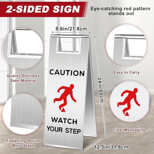 Tandefio 2 Pcs Stainless Steel Caution Watch Your Step Signs 24 Inch Foldable Wet Floor Sign Double Sided Commercial Safety Warning Industrial Warning Mark for Office Hotel Market Restroom Restaurant
