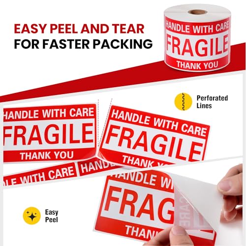 3 × 5 Inch Fragile Stickers Strong Adhesive Handle with Care Stickers Pre-Perforated Line Fragile Labels for Shipping Moving (500 PCS, 1 Roll) - size: 3" × 5", style: 1 Roll-500 PCS