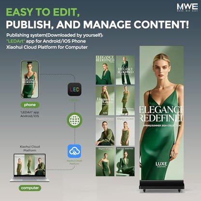 MWE P1.86 Tri-Fold LED Poster Screen with Flight Case, 90" Dual-Sided LED Digital Signage Display with Publishing System, Foldable Advertising Display Kiosk Video Wall for Events, WiFi/USB/HDMI - size: 90"-Tri-fold