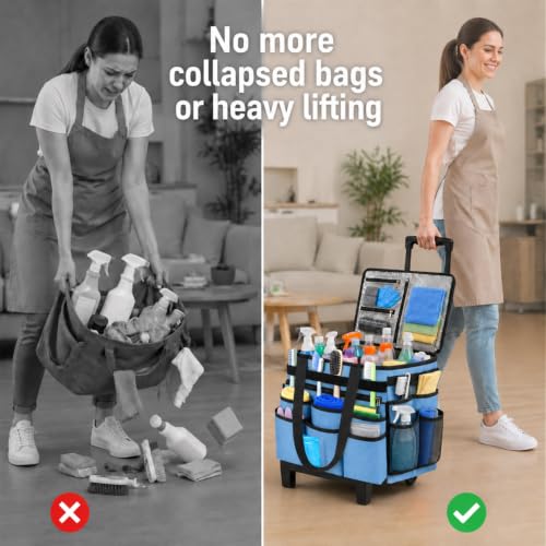 Large Rolling Cleaning Caddy Bag with Telescoping Cart, Blue - color: Blue