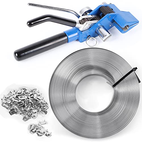Steel Banding Strapping Kit - Stainless Banding Tool Ratchet Tensioner, 3/4"*100Ft S304 Stainless Banding Coil, 100pcs Ear-Lock Buckles, Metal Banding Tools for Strapping High Tensile Package