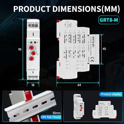 Multifunction Time Relay 16A Delay ON Off Time Relay GRT8-M1 AC DC 12-240V，10 Relay Timer Control Delay Function Mode DIN Rail Electronic Relays of Wide Time Delay Range for 0.1 Seconds to 10 Days - size: GRT8-M1 AC/DC 12V-240V