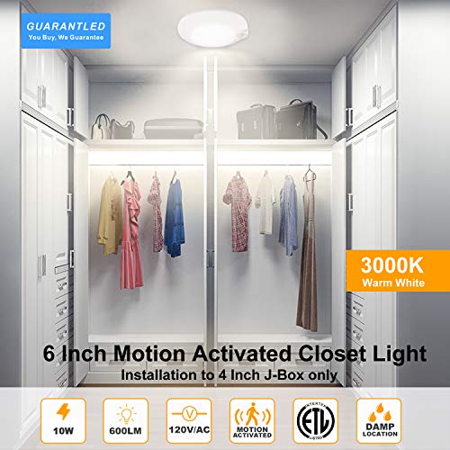 Closet Lights Motion Sensored Indoor Ceiling Mount LED-10W 3000K Closet Stair Porch Ceiling Pantry Motion Activated Light 6-7/8 Inch 90CRI 600lm Hardwire to Junction Box, No Battery, Damp Rated 4 Pack - color: 3000K Warm White 4PK