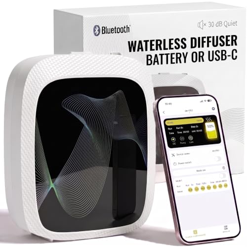 Waterless Essential Oil Diffuser, Cold Air Scent Diffuser Machine for Home & Office, Bluetooth App & Manual Control, USB-C or D Battery Powered, Wall Mount or Tabletop, White - color: White