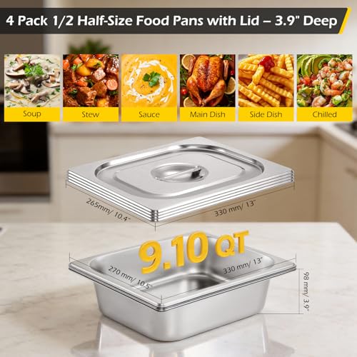Dyna-Living Hotel Pans with Lids 1/2 Half Size Food Pans 4 Pack Steam Pans - color: With Lids, size: 4 Inch Deep