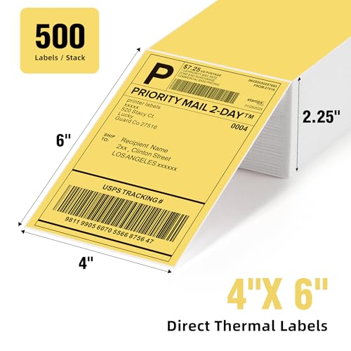 4"x6" Yellow Direct Thermal Labels, 500 Fanfold Shipping & Address Label Paper, Self-Adhesive Stickers for Thermal Printer, 1 Stack - style: 500 Labels-Yellow