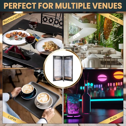12 Pack 4 View Menu Holder Menu Covers 4.25" x 11" | Black Leather Menu Sleeves Book Style for Restaurant Coffee Bars Wine List - size: 4 View