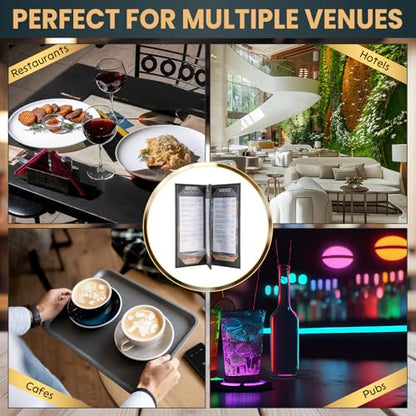 12 Pack 4 View Menu Holder Menu Covers 4.25" x 11" | Black Leather Menu Sleeves Book Style for Restaurant Coffee Bars Wine List - size: 4 View
