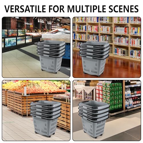 Teyyvn 4 PCS 50L Plastic Rolling Shopping Basket with Handle, Gray