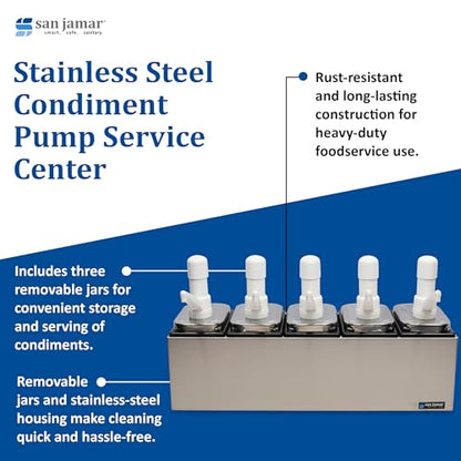 San Jamar P9715 Stainless Steel Condiment Pump Service Center with 5 Wells Black Jars, 24" Length x 7-7/8" Width x 12-1/2" Height - style: 5 Pumps