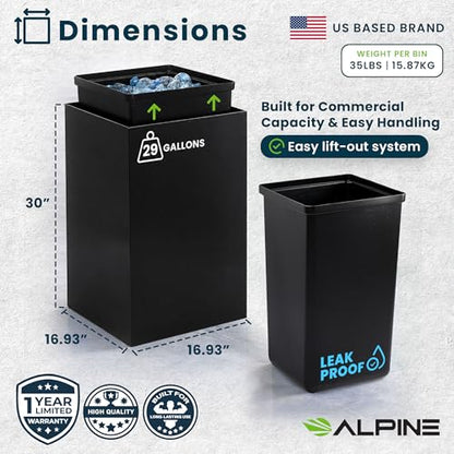 Alpine Commercial Indoor Trash Can - 29 Gallon Modern Looking Black Office Trash can, Metal Trash and Recycling Container with Stickers & 3 Optional Lids (lid Sold Separately) - color: Black Can