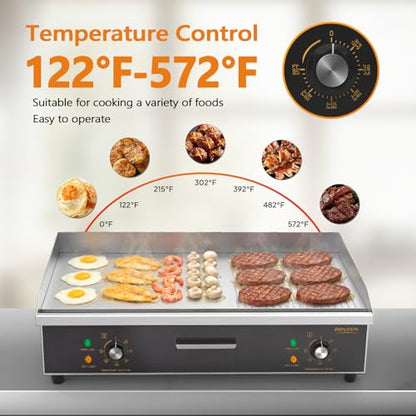 ROVSUN 30" Electric Griddle, Electric Countertop with Half Flat Top Griddle, 3000W Grill Stainless Steel with Adjustable Temperature Control 122°F-572°F for Commercial Home Restaurant, Plug - size: 30"
