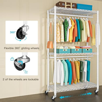 FUTASSI P1 Heavy Duty Garment Rack, 3 Tiers Adjustable Rolling Metal Closet - color: White, size: P1