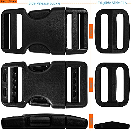 LASIGHT Buckles for 1 inch Wide Webbing Straps: Quick Side Release Buckle 4 set and Tri-Glide Slide 8 pcs Fit 1" Nylon Web Belt, Plastic Snap Fastener Clip Heavy Duty Replacement Dual Adjustable - size: 4 Set for 1 inch Webbing