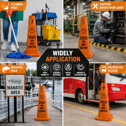 BESEA 4Pack Red Cones Caution DO NOT Enter Sign 4-Sided Heavy Duty Traffic Cones with Weighted Base for Restricted Areas, Construction Zones, Private Property - color: Red, size: 26.5INCH With Caution Sign