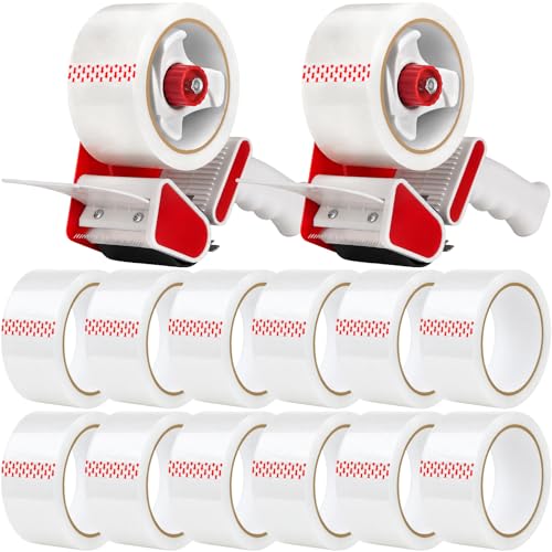 2 Pack Heavy Duty Packing Tape Dispenser Gun with 12 Pack Clear Packaging Tapes, 2 Inch Packaging Tape with Dispenser for Carton Sealing, Moving Boxes, Shipping (Red) - color: Red