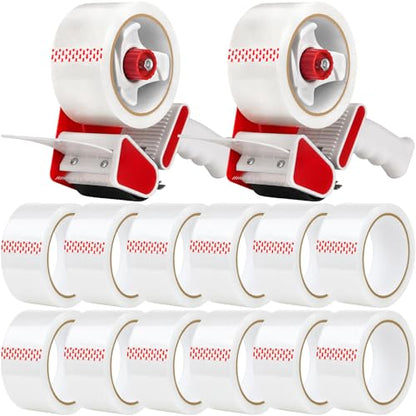 2 Pack Heavy Duty Packing Tape Dispenser Gun with 12 Pack Clear Packaging Tapes, 2 Inch Packaging Tape with Dispenser for Carton Sealing, Moving Boxes, Shipping (Red) - color: Red