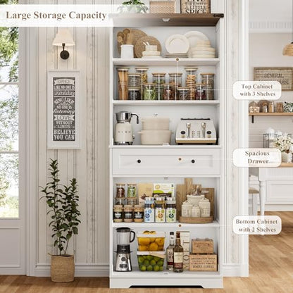 HOSTACK 71" Kitchen Pantry Storage Cabinet, Farmhouse Pantry Cabinet, White - color: White + Rustic Brown