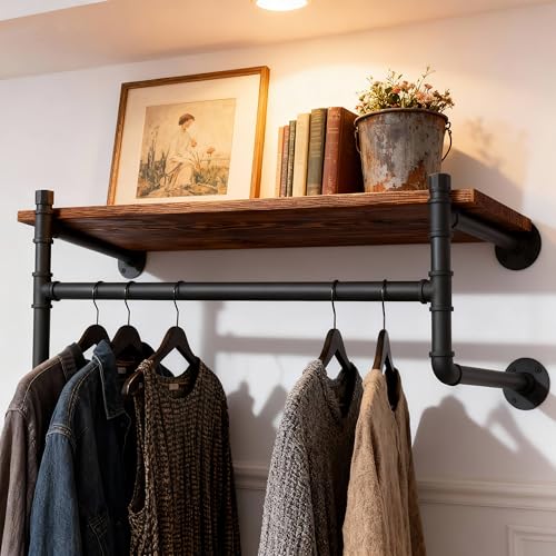 WEBI Wall Mounted Clothes Rack with Shelf,27" Industrial Pipe Clothing Rack with Shelf with Hanging Rod,Heavy Duty Iron Garment Rack Bar,Retail Display Clothes Rod for Laundry Room,Closet,Black - color: Black, size: 27 Inch