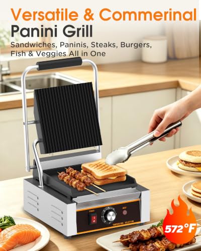 Commercial Panini Press - 1800W Electric Panini Sandwich Grill w/Nonstick Coating & Adjustable Temp, Panini Grill Press w/ 9"x9" Cooking Pan (Grooved Top & Flat Bottom), Double-sided Heating - style: 9"x9" Grooved top, flat bottom