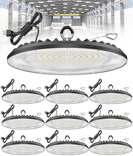 10Pack 200W Super Bright UFO LED High Bay Light, 5000K 30000LM AC100-277V Commercial High Bay LED Shop Lights IP65 with 5ft US Plug for Warehouse Workshop Barn Garage - size: 200W 10PACK