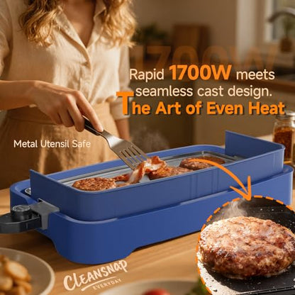 Cleansnap Everyday Electric Griddle,The Ultimate Gift for Family Feasts - 20” Nonstick Grill with Foldable Anti-Mess Shield, Rapid 1700W Heat&PPG Ceramic Coating, Dishwasher Safe, Ocean Blue - color: Ocean Blue
