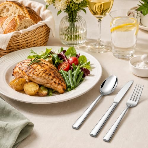 18-Piece Stainless Steel Silverware Set for 6, Mirror Polished Flatware Set Includes 6 Dinner Knives, 6 Dinner Forks & 6 Dinner Spoons, Dishwasher Safe Cutlery Set for Home Kitchen Restaurant - size: 7.9-9.1inches silverware set 18P