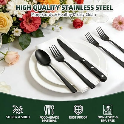 72-Piece Black Silverware Set with Steak Knives for 12, Black Flatware Set